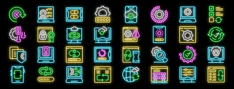 Software update process and data synchronization neon icon set Stock Illustration