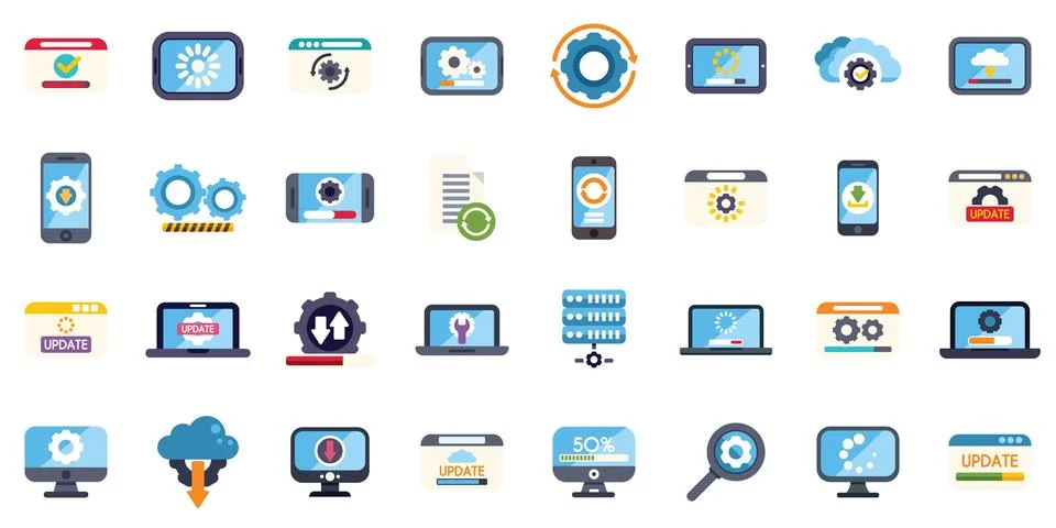 Software update progress and installation icons showing percentage and gears Stock Illustration