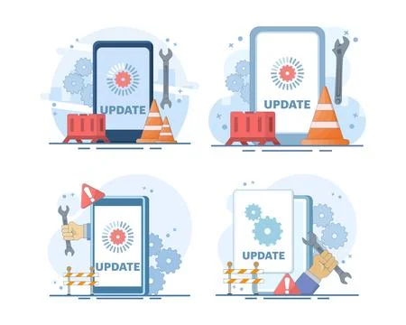 Software update set featuring a smartphone update screen, system maintenance. Stock Illustration