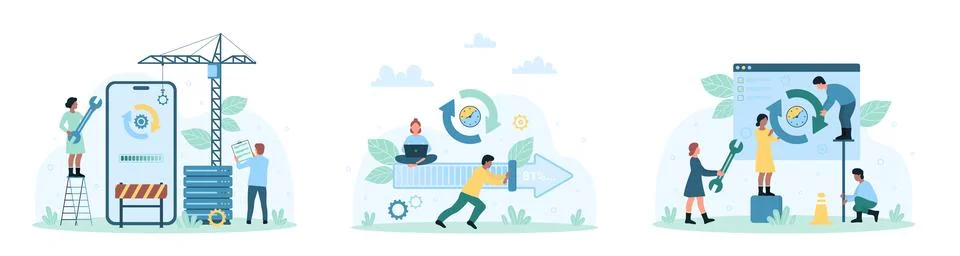 Software update set, tiny people upgrade mobile app, push progress status bar Illustrazione stock