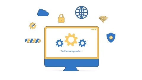 Software update showing on the computer screen with multiple shapes floating 스톡 동영상 313344936