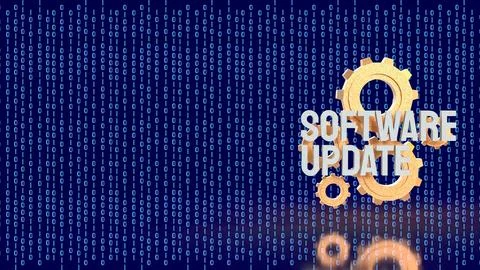 Software Update Technology Concept With Gears And Binary Data 3d render. Illustrazione stock