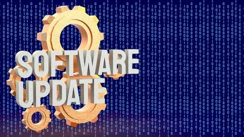 Software Update Technology Concept With Gears And Binary Data 3d render. Stock Illustration