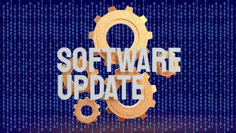 Software Update Technology Concept With Gears And Binary Data 3d render. Stock Illustration