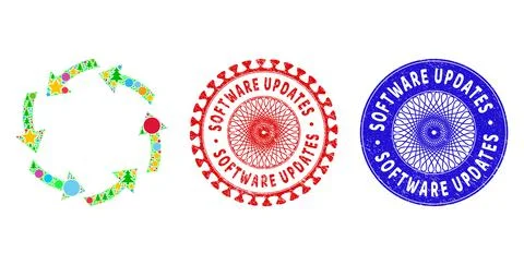 Software Updates Scratched Stamps and Circulation Collage of New Year Symbols Illustrazione stock