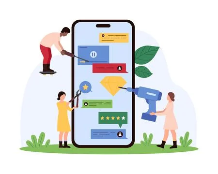 Software upgrade, mobile application development and improvement by tiny people Stock Illustration