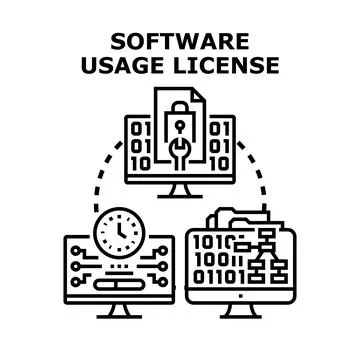Software usage license concept illustrating different aspects including digit Illustrazione stock