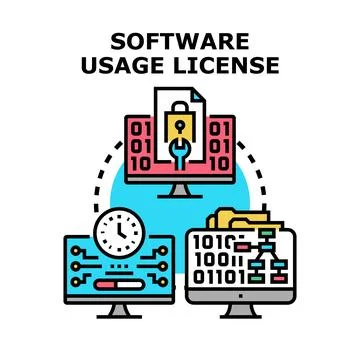 Software usage license concept with monitors displaying data, security, and.. Illustrazione stock
