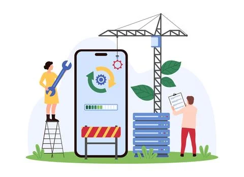 Software version and system, mobile app update online, tiny people control Stockillustratie
