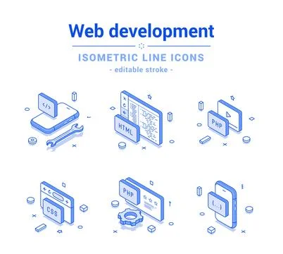 Software web development coding programming outline line isometric icon set.. Illustrazione stock