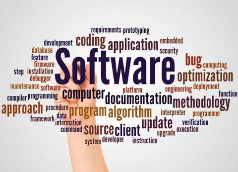 Software word cloud and hand with marker concept Stock Photos
