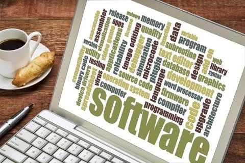 software word cloud software word cloud on a laptop with a cup of coffee ... Foto stock