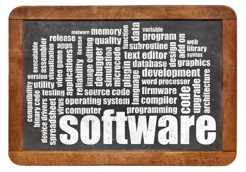  software word cloud software word cloud on a vintage slate blackboard Cop... Foto stock