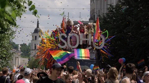 SOHO bus with drag queens at Baltic Pride event, men dressed as woman Stock Footage 109473559