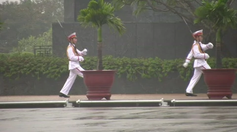 Soiders Guard March at the The Ho Chi Minh Mausoleum Hanoi Vietnam Stock Footage 603070