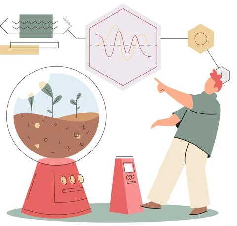 Soil analysis and earth pollution or structure control. Scientist measuring Illustrazione stock