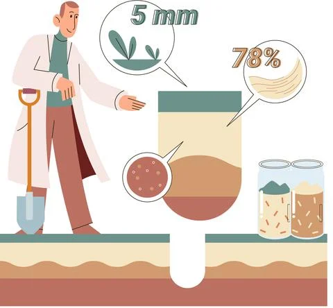 Soil analysis and earth pollution or structure control. Scientist measuring Illustrazione stock