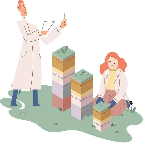 Soil analysis and earth pollution or structure control. Scientist measuring Illustrazione stock