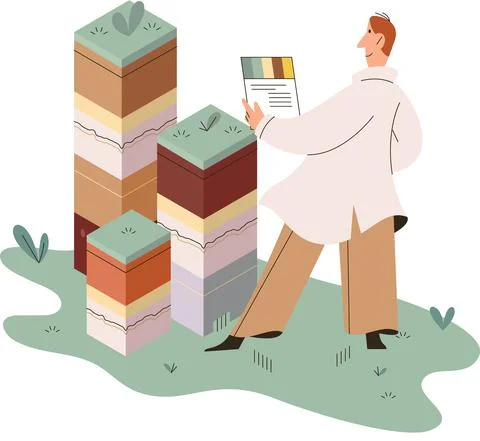 Soil analysis and earth pollution or structure control. Scientist measuring Illustrazione stock