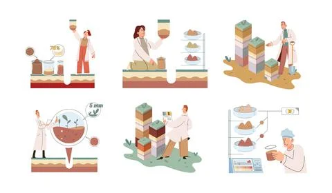 Soil analysis and earth pollution or structure control. Scientist measuring Stock Illustration