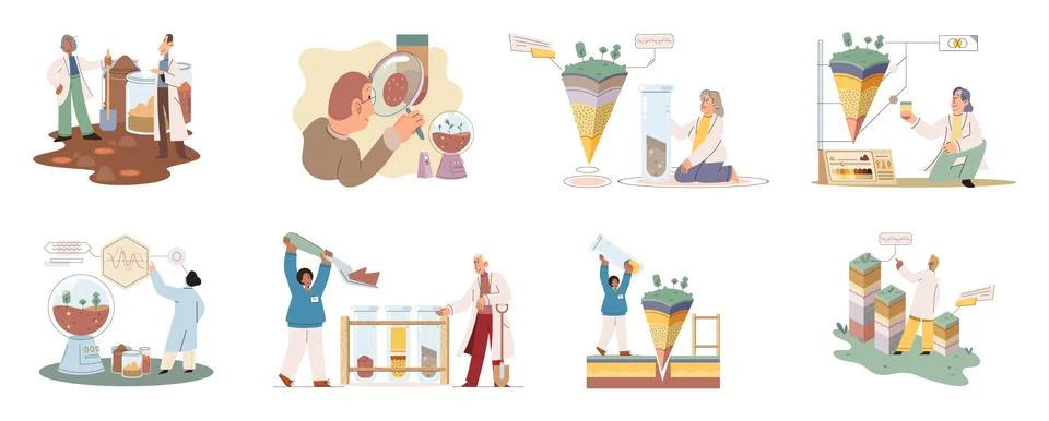 Soil analysis and earth pollution or structure control. Scientist measuring Stock Illustration
