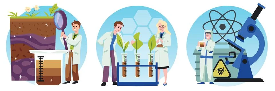 Soil analysis and testing to suitability, flat vector illustration isolated. Stock Illustration