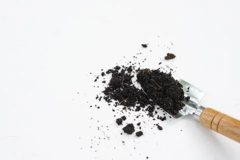 Soil and shovel isolated on white background. top view 스톡 사진