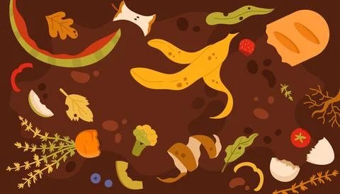 Soil with biodegradable organic waste for compost, ground with heap of leftovers 库存插图