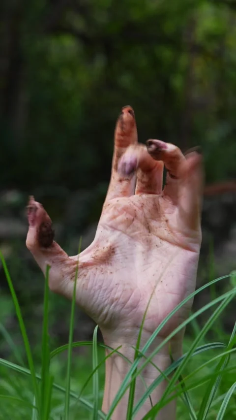 Soil covered hand opening its fingers above summer grass in a mystery theme.. Видео 346960014