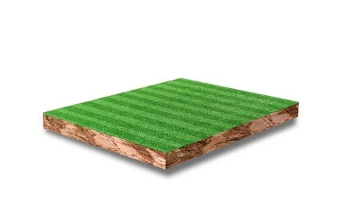 Soil cubic cross section with green grass football field isolated on white ba 库存插图