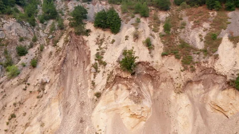 Soil erosion on a steep slope due to landslide. Surface ground movement Stock Footage 159799692