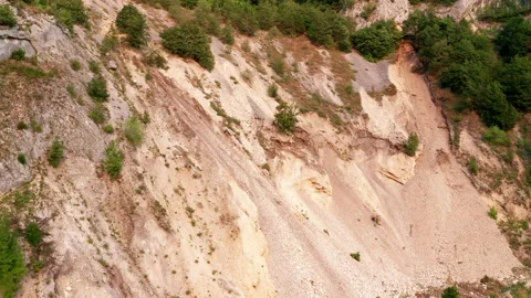 Soil erosion on a steep slope due to landslide. Surface ground movement Stock Footage 159808256