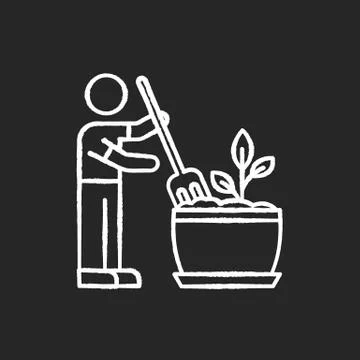 Soil fluffing chalk white icon on black background. Plowing, ploughing earth Stock Illustration