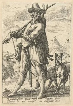 Soil; The four elements. A hunter with two dogs in a mountain landscape. U... Stock Photos