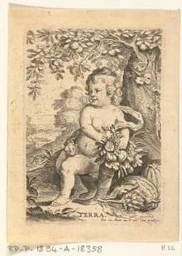 Soil; The four elements; Terra. A nude boy is sitting against a tree, next... 스톡 사진