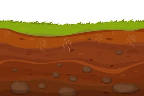 Soil, ground with layers, grass roots and stones, earth sections in cartoon Illustrazione stock