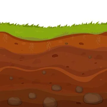 Soil, ground with layers, grass roots and stones, earth sections in cartoon Stock Illustration