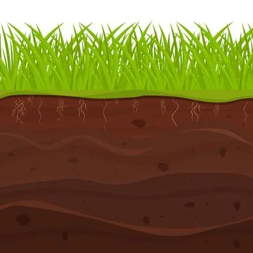 Soil, ground with layers, grass roots and stones, earth sections in cartoon Stock Illustration