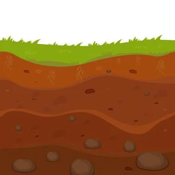 Soil, ground with layers, grass roots and stones, earth sections in cartoon Stock Illustration