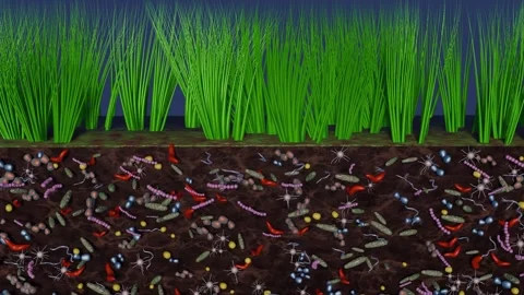 Soil microbiome. Bacteria, microbes in soil. 3d animation Video stock 292190853