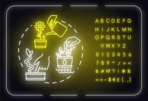 Soil moist neon light concept icon. Indoor potted flowers concern. Houseplants Stock Illustration