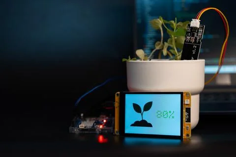 Soil moisture display screen with IoT microcontroller and soil moisture sen.. Stock Photos
