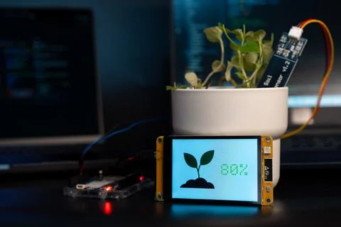Soil moisture display screen with IoT microcontroller and soil moisture sen.. Stock Photos