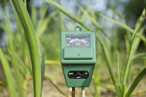 Soil moisture, light intensity and PH testing meter in close up, agriculture Stock Photos
