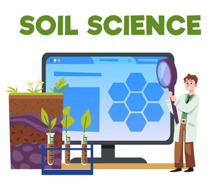 Soil science banner, tiny character with magnifier analyzes ground - flat vector Stock Illustration