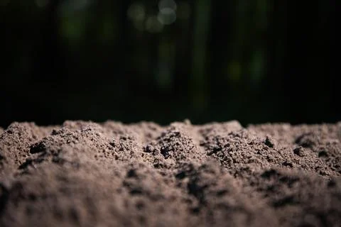 Soil surface features garden texture. Brown soil covers planting ground. Fert Stock Photos