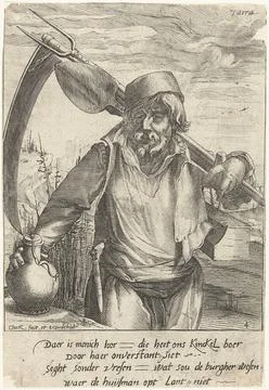 Soil; Tare; The four elements. A farmer with his tools (spade, riek and ze... Stock Photos