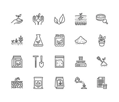 Soil testing flat line icons set. Agriculture, planting vector illustrations Illustrazione stock