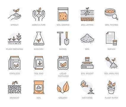 Soil testing flat line icons set. Agriculture, planting vector illustrations Illustrazione stock