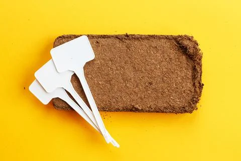 Soil texture close up. mock up. coconut briquette with writing boards on a or 스톡 사진